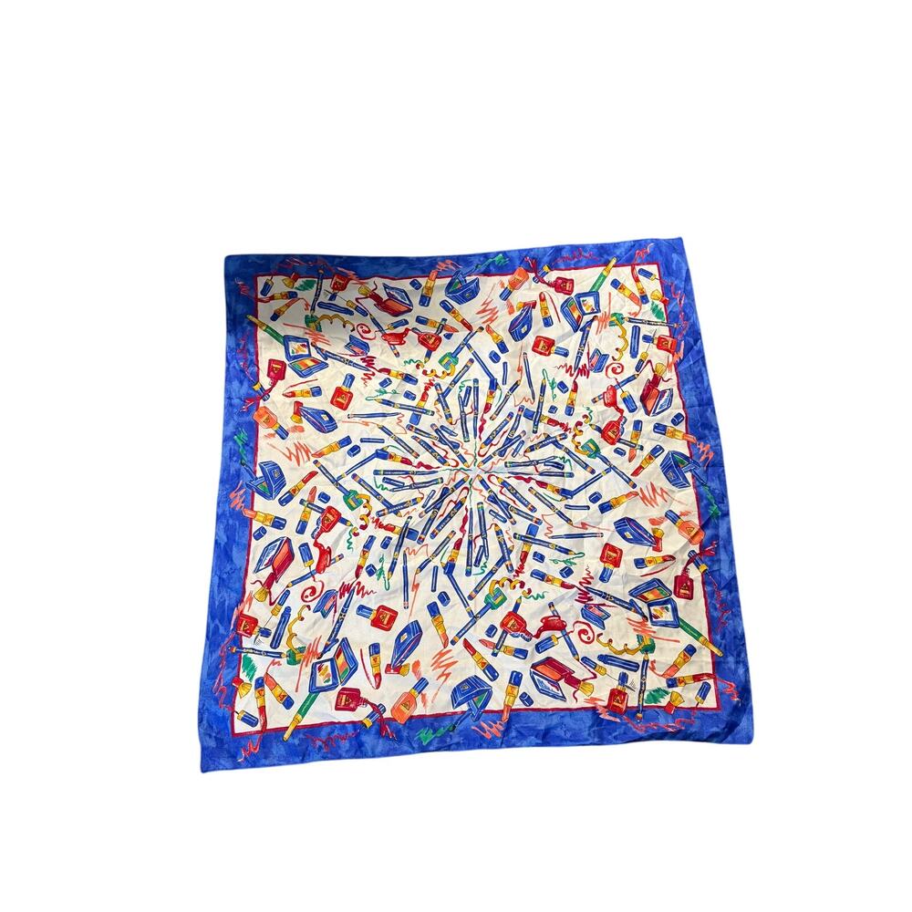 Vintage Avon Makeup Print Square Scarf Royal Blue Border Made in Italy vtg